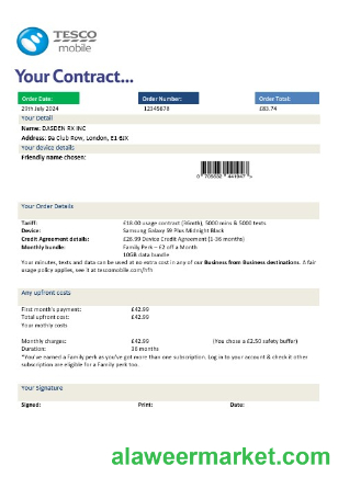 United Kingdom Tesco Mobile business utility bill template in Word and PDF formats